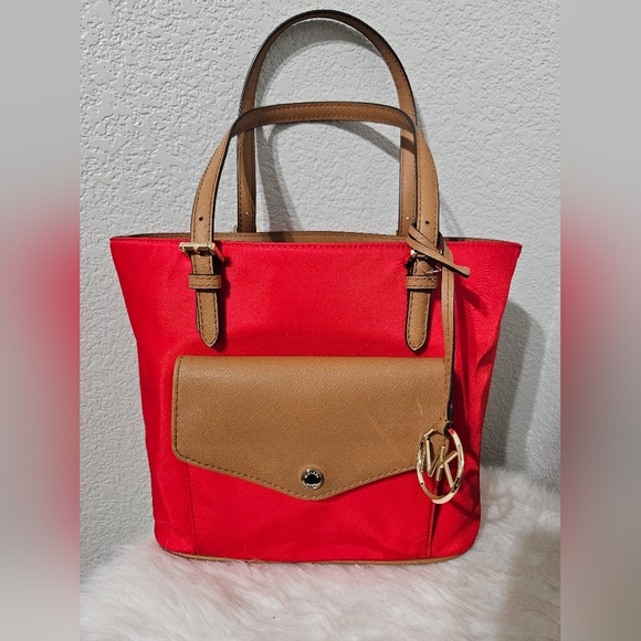 Michael Kors Handbags - COPY - Michael Kors Sangria Nylon Brown Saffiano Leather Jet Set Tote NWT